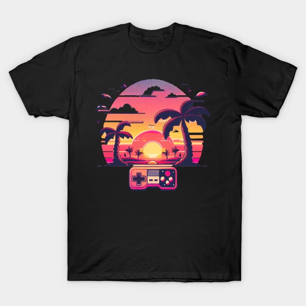 Retro Gaming Sunset T-Shirt by TechnoBubble